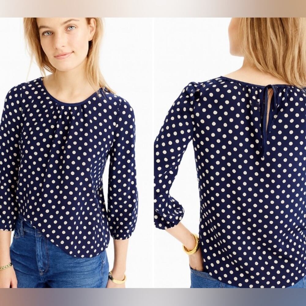 J.Crew 100% Silk Polka Dot Blouse Navy & White 3/4 Sleeve Top Women's Size 8